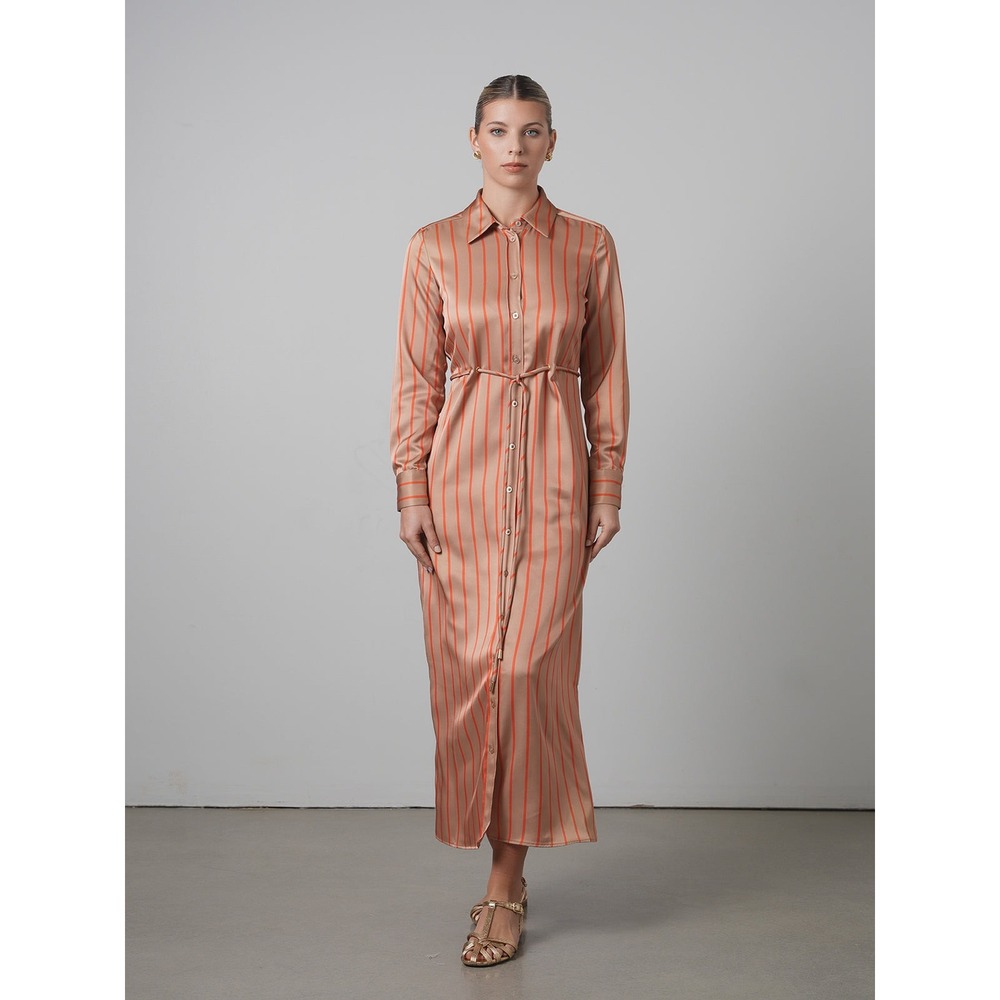 Ceremony Silky Belted Shirt Dress Orange Stripe Maxi Satin Long Sleeve NWT M